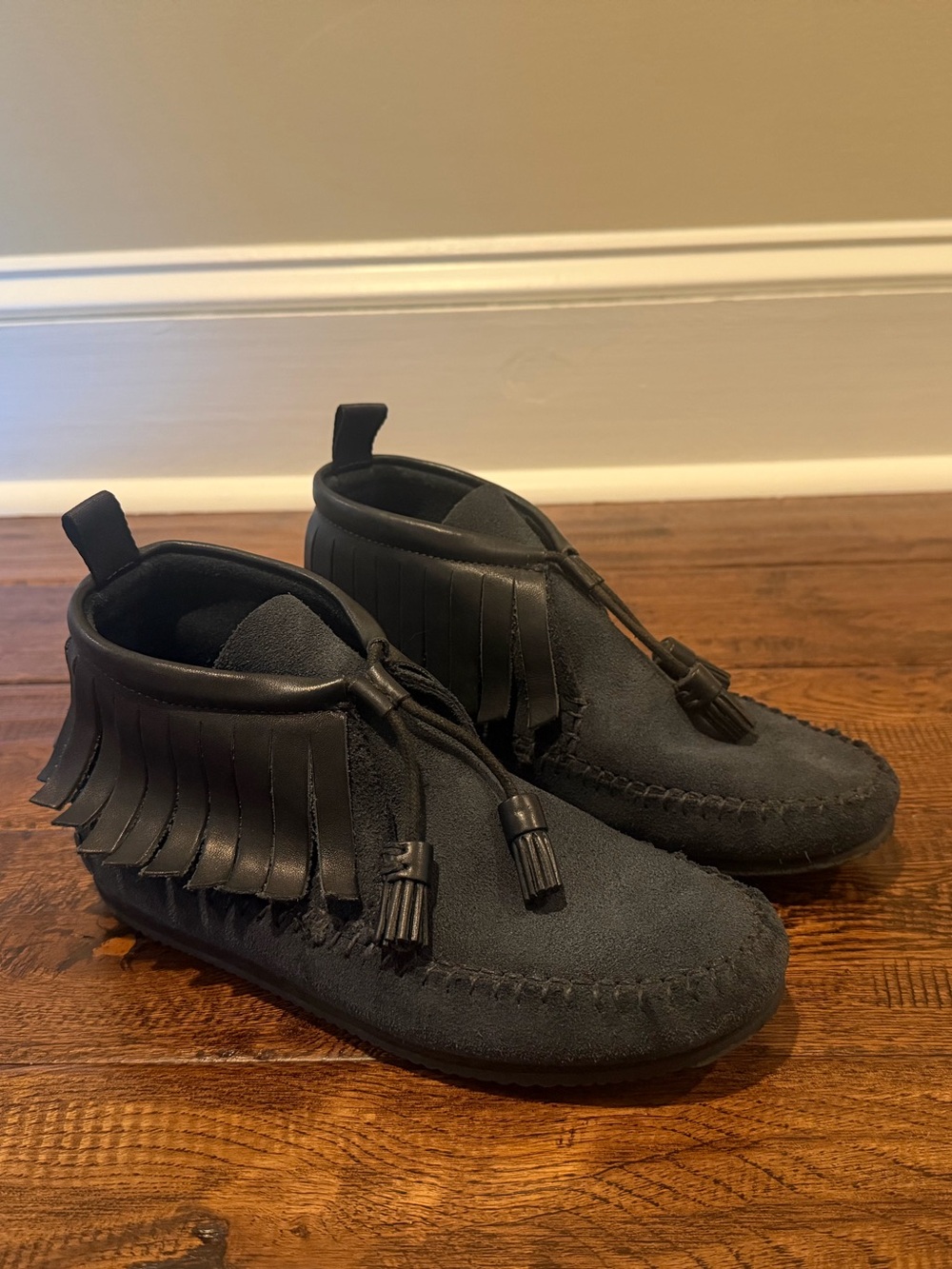 rag & bone Ghita Navy Blue Suede Fringe Moccasin Booties 36.5
